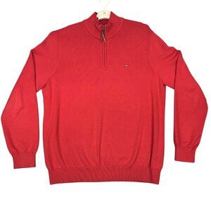 Tommy Hilfiger Mens Medium Sweater Red 1/4 Zip Pullover Knit Crest Logo Classic